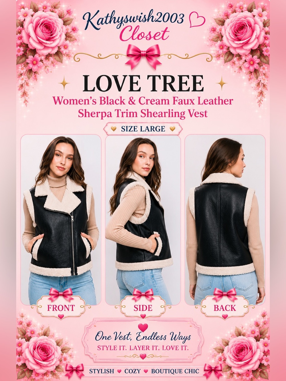 Women's Black and Cream Faux Leather Sherpa Trim Shearling Vest Size Lar… - Picture 2 of 16